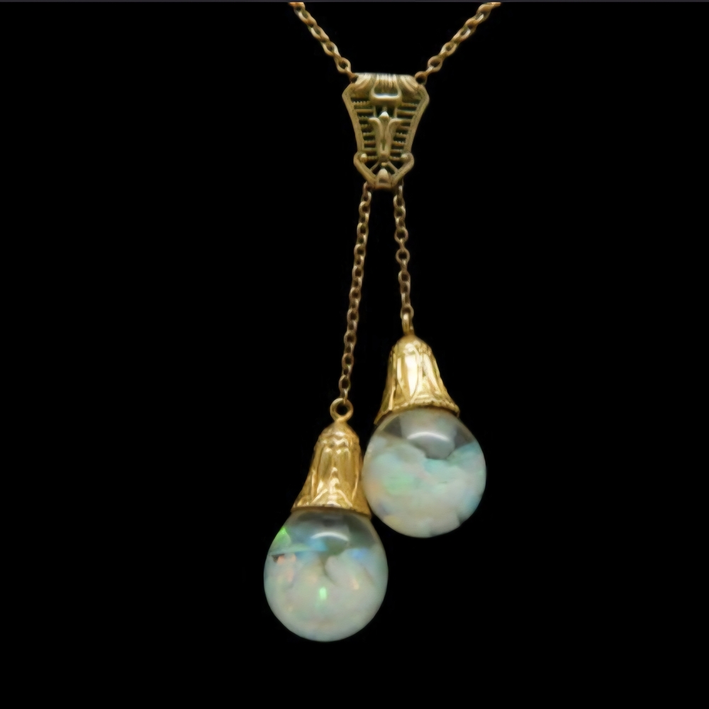 Art Deco 14K Gold Horace Welch Floating Opal Filigree Lavalier Necklace